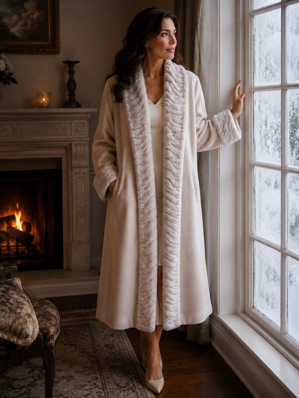 Vintage Lorovi Faux Fur Satin Lined Swing Coat- Cream and Ivory-Size 8 1960s